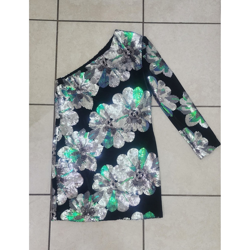 Sabina Musayev Womens One Shoulder Sequin Floral Velvet Mini Dress Silver Greenโ
